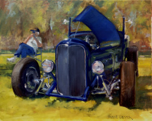 Painting of a man relaxed beside his car.